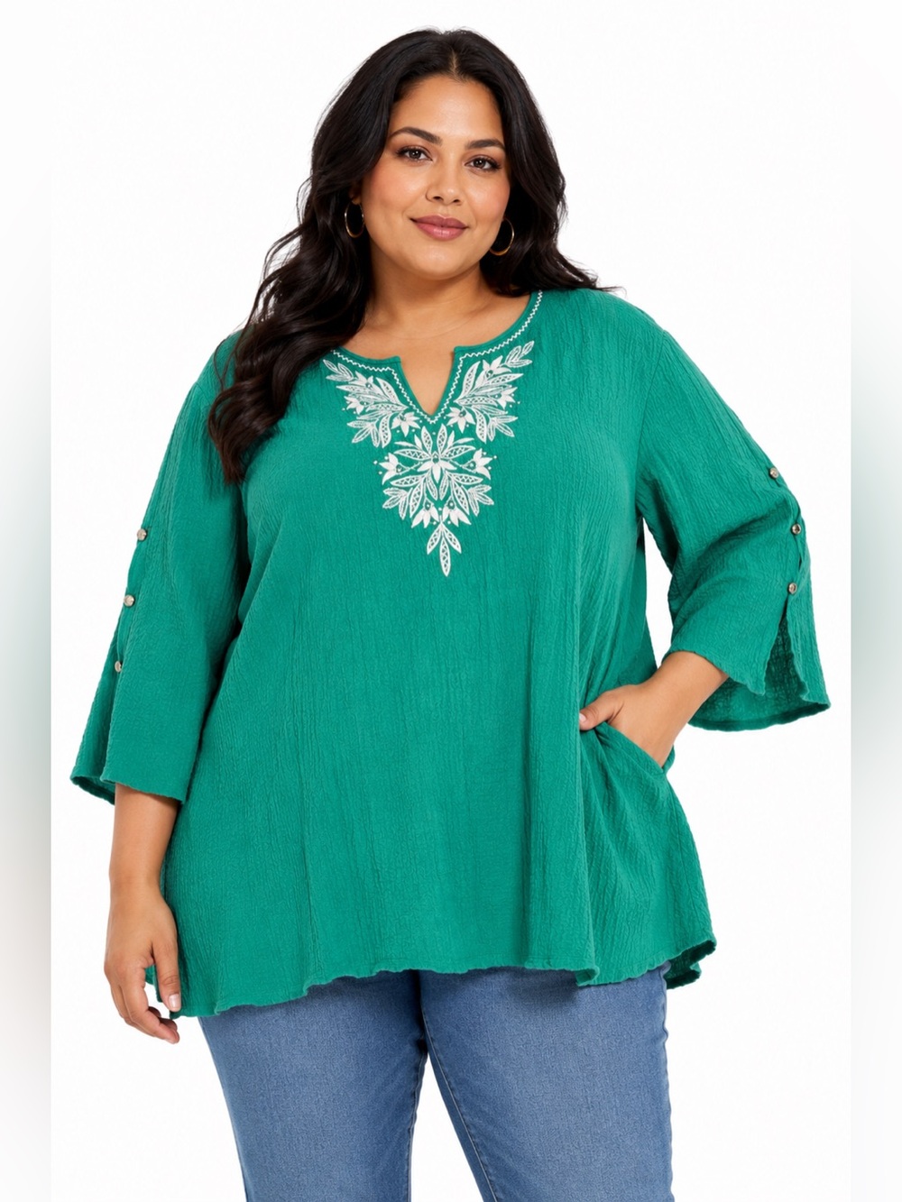 Y2K Vintage Boho Floral Embroidered Tunic Top Plus Size (Green) Size 3X